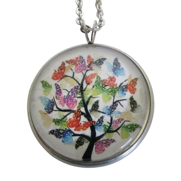 New Butterfly Tree Glass Dome Pendant Necklace 24" Stainless Chain Jewelry Gift - Picture 1 of 5